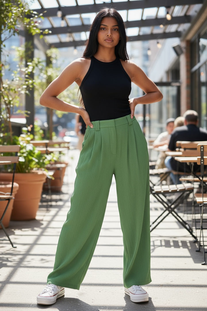 Green Crepe Style Wide Leg Pant