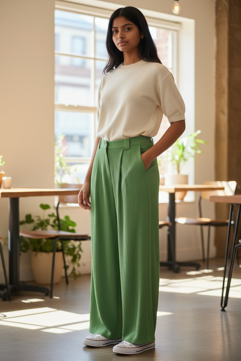 Green Crepe Style Wide Leg Pant
