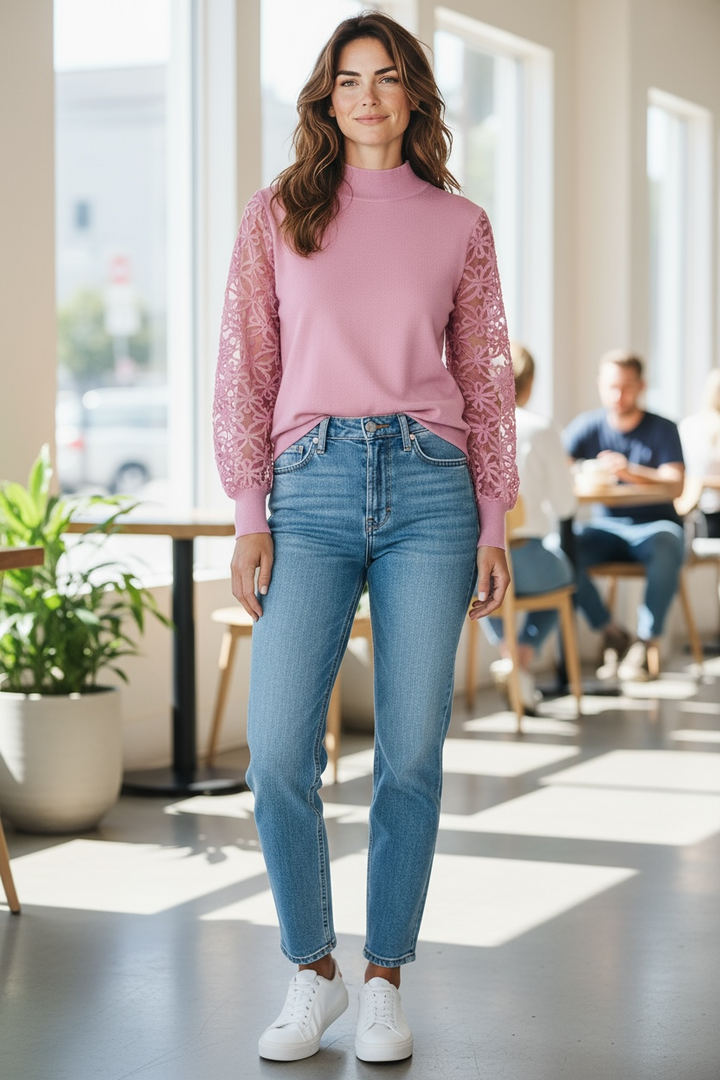 Eternelle Pink Lace Sleeve Sweater