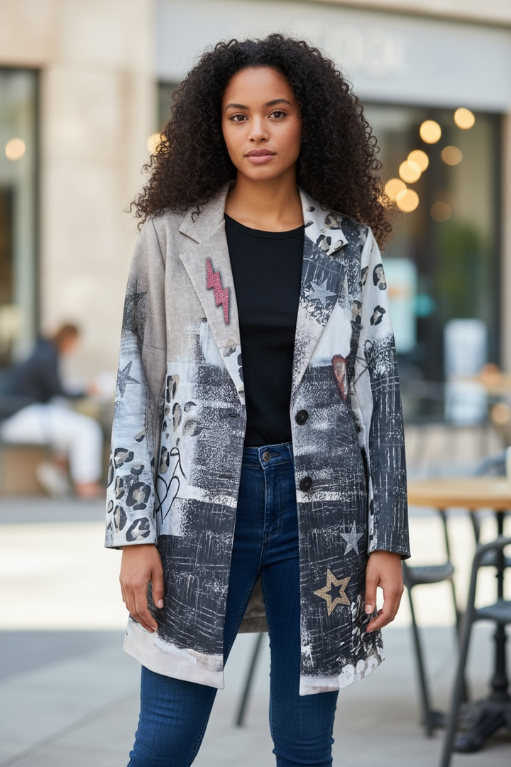 Le Chou Chou Tan Multi Print Coat