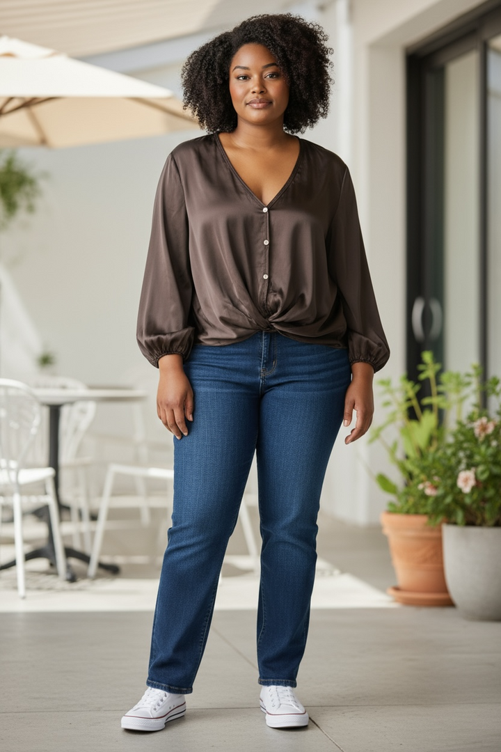 Amorosa Cocoa Knot Front Blouse