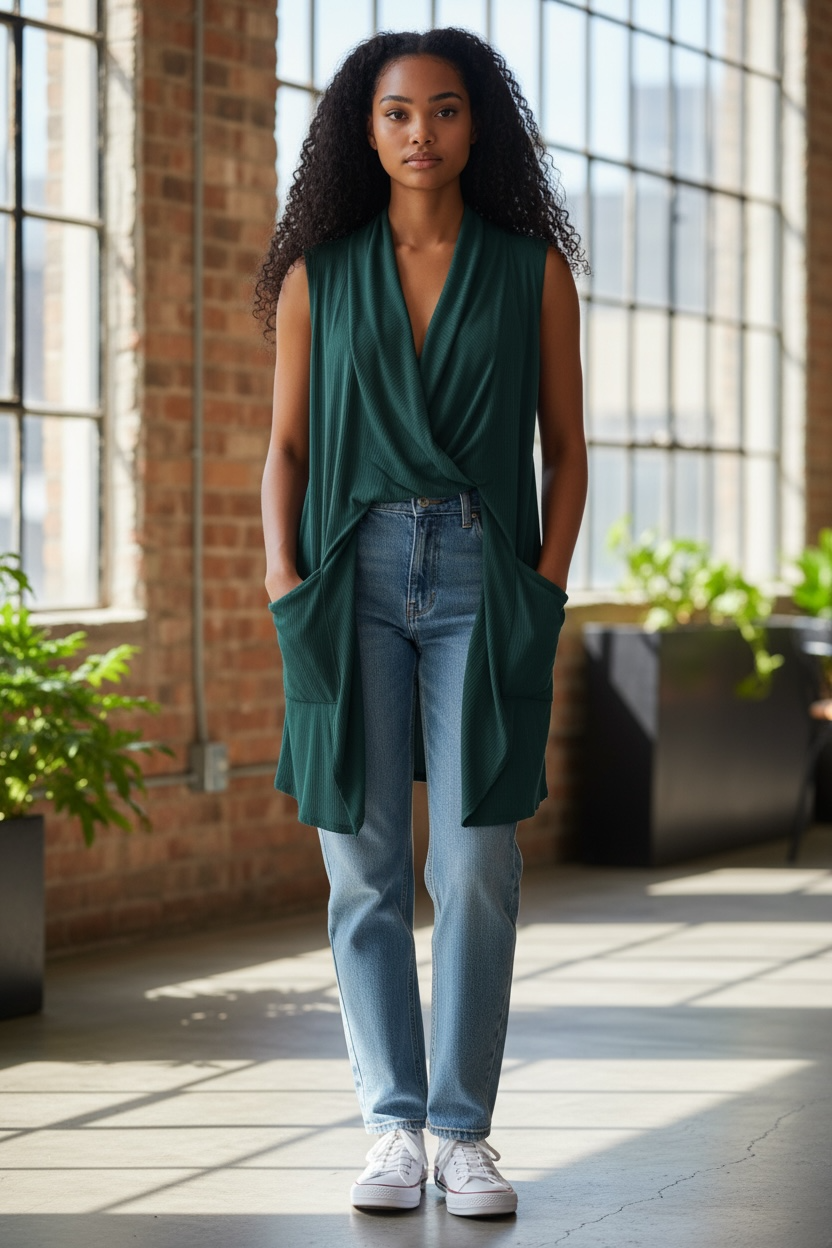 Emerald Green Layer Front Textured Duster