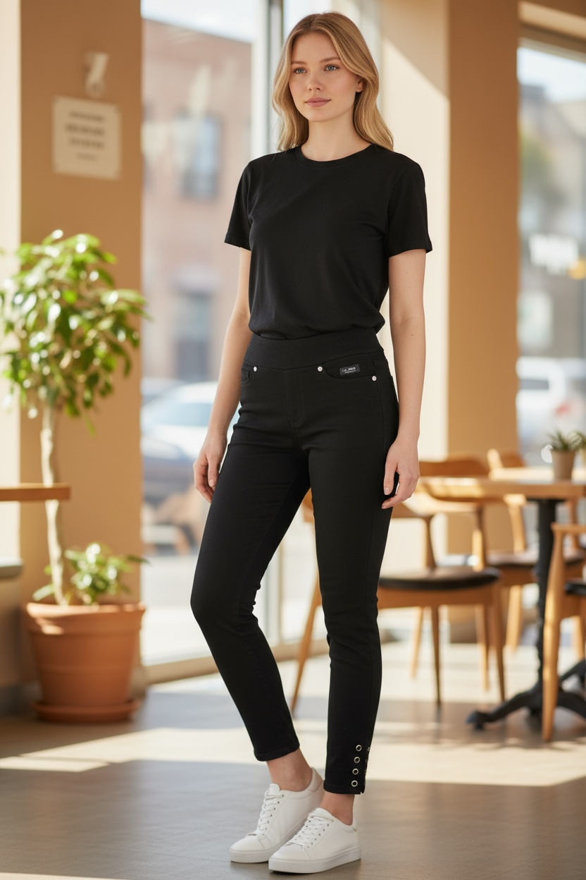 Black Button Detail Ankle Jeans