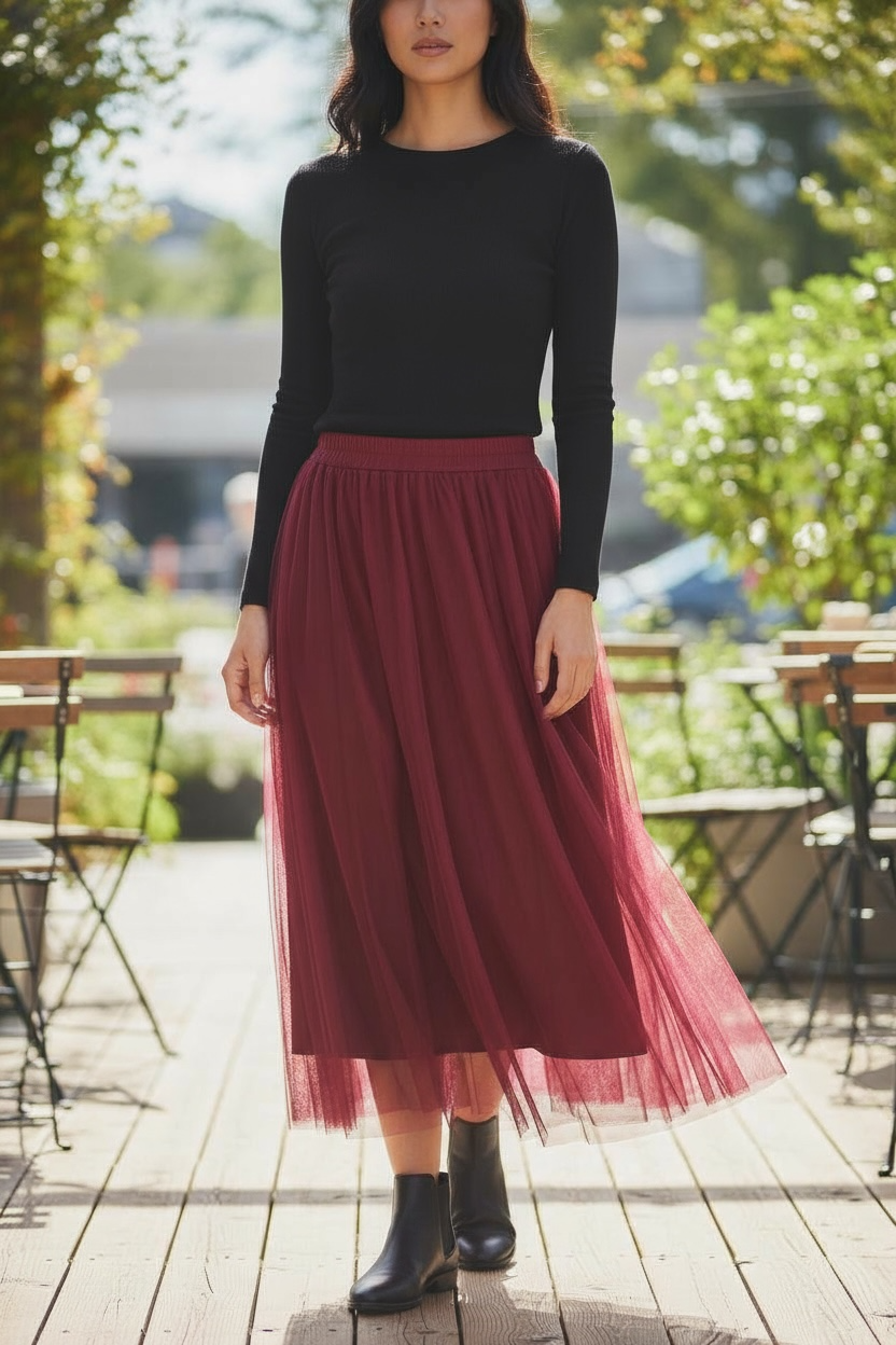 Eternelle Burgundy Tulle Skirt