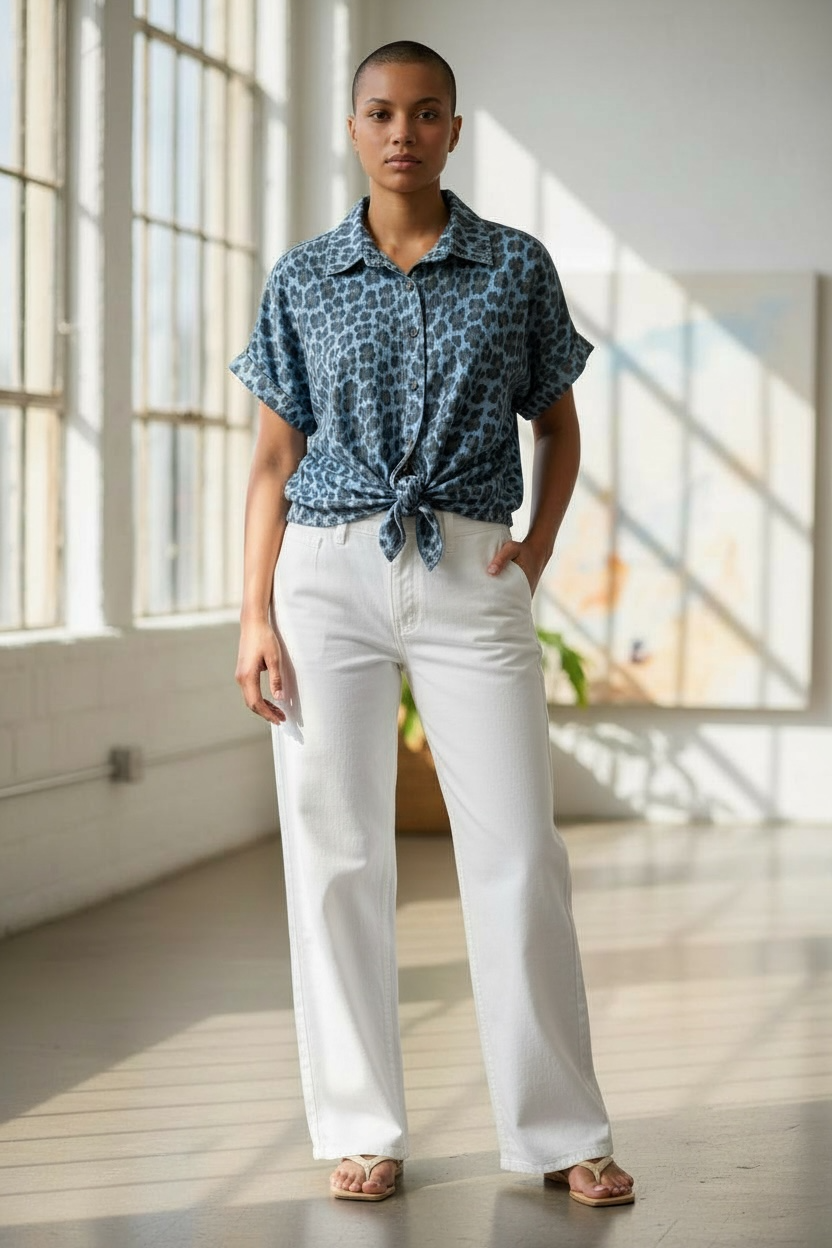Animal Print Tie Front Blouse - by Angela Mara