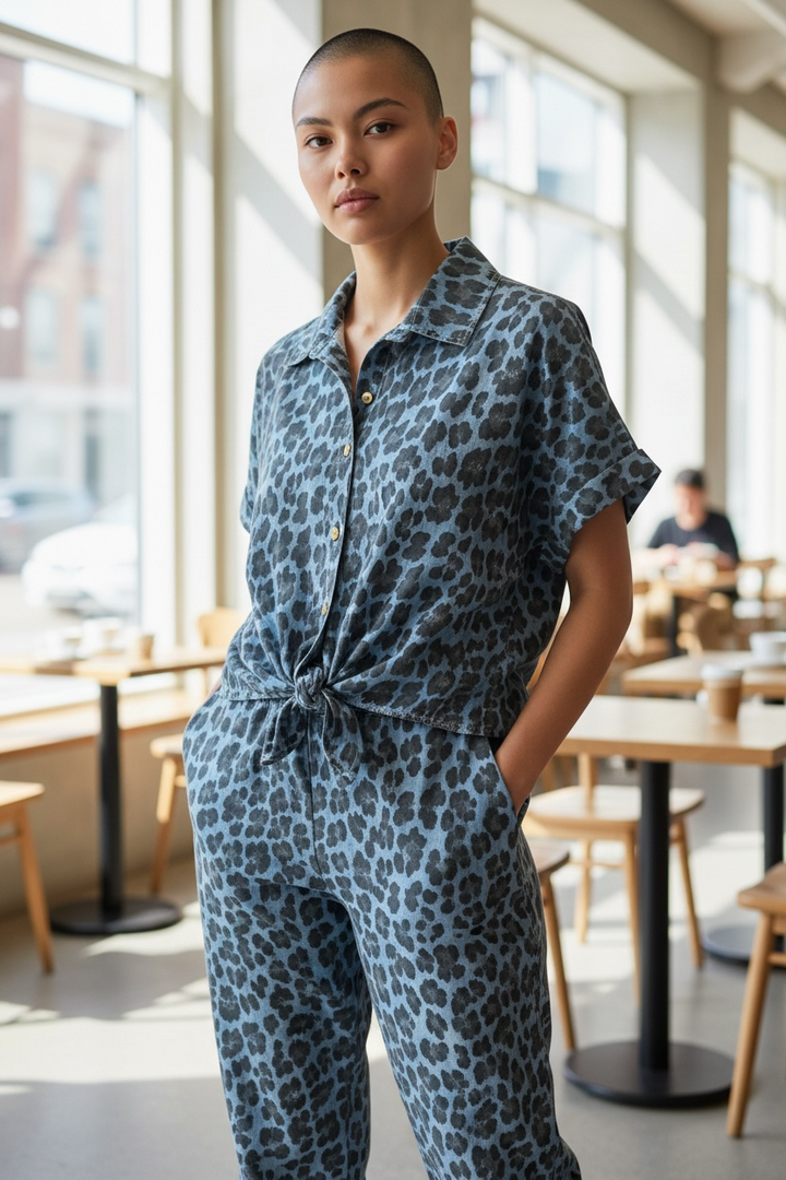 Animal Print Tie Front Blouse - by Angela Mara