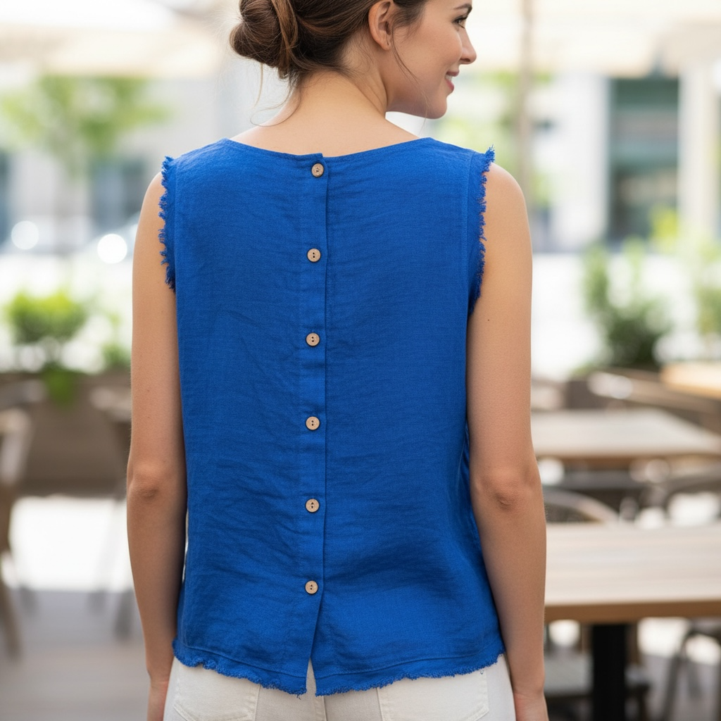 Blue Linen Sleeveless Top  - by Angela Mara