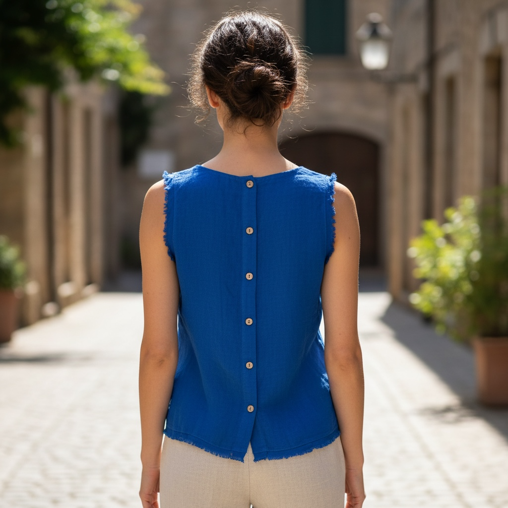 Blue Linen Sleeveless Top  - by Angela Mara