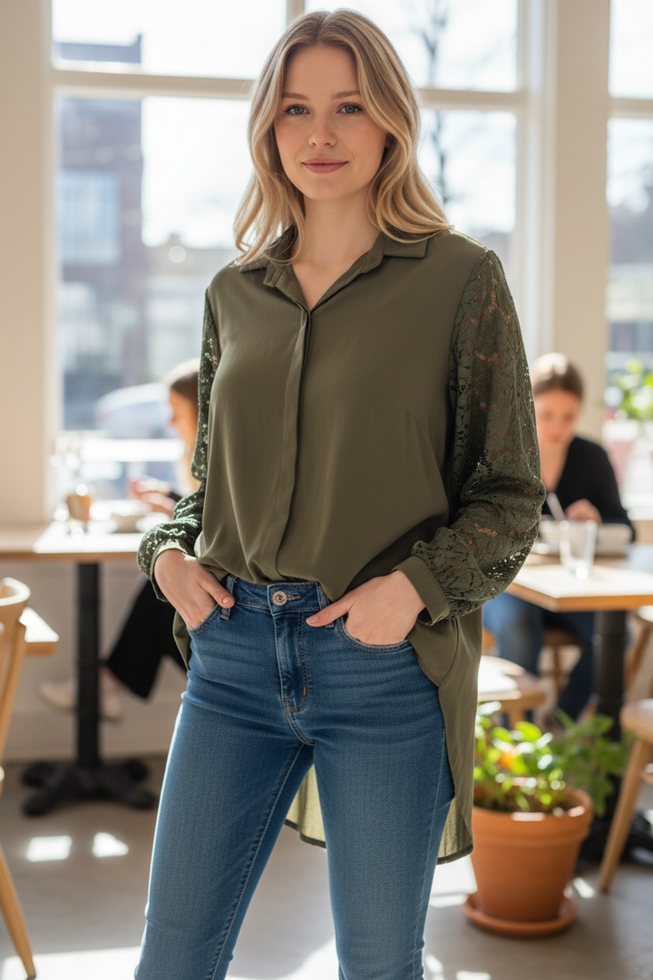 Olive Lace Sleeve Blouse - by Paolo Tricot