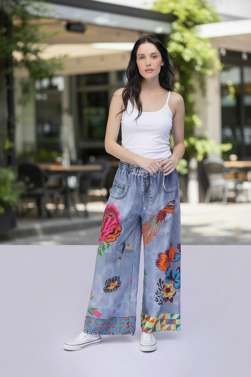 Wide Leg Print Jeans - by Elissia