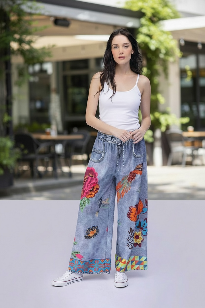 Wide Leg Print Jeans - by Elissia