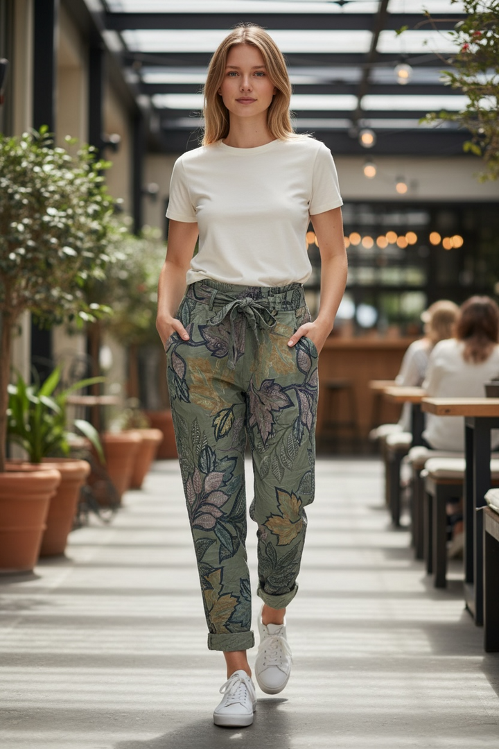 Khaki Print Crinkle Pant - by Elissia