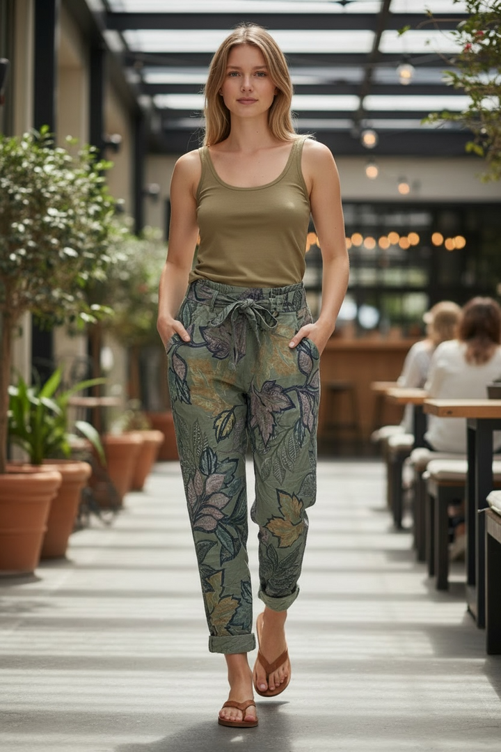 Khaki Print Crinkle Pant - by Elissia