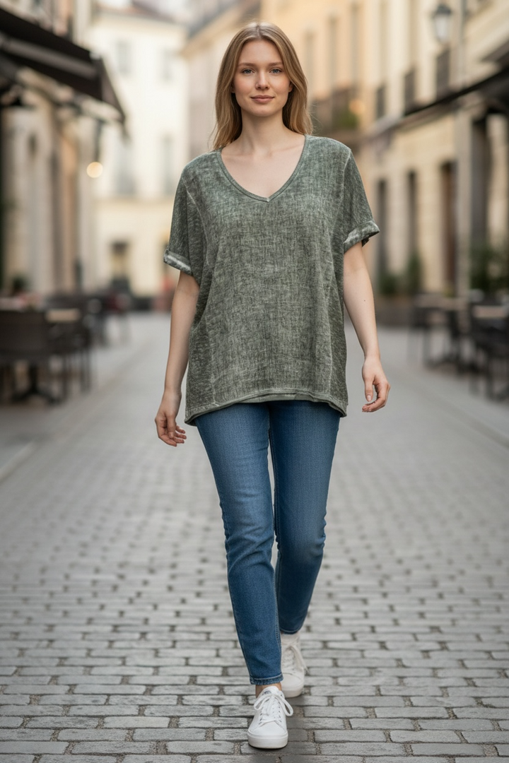 Olive Green Linen T-Shirt - by Elissia