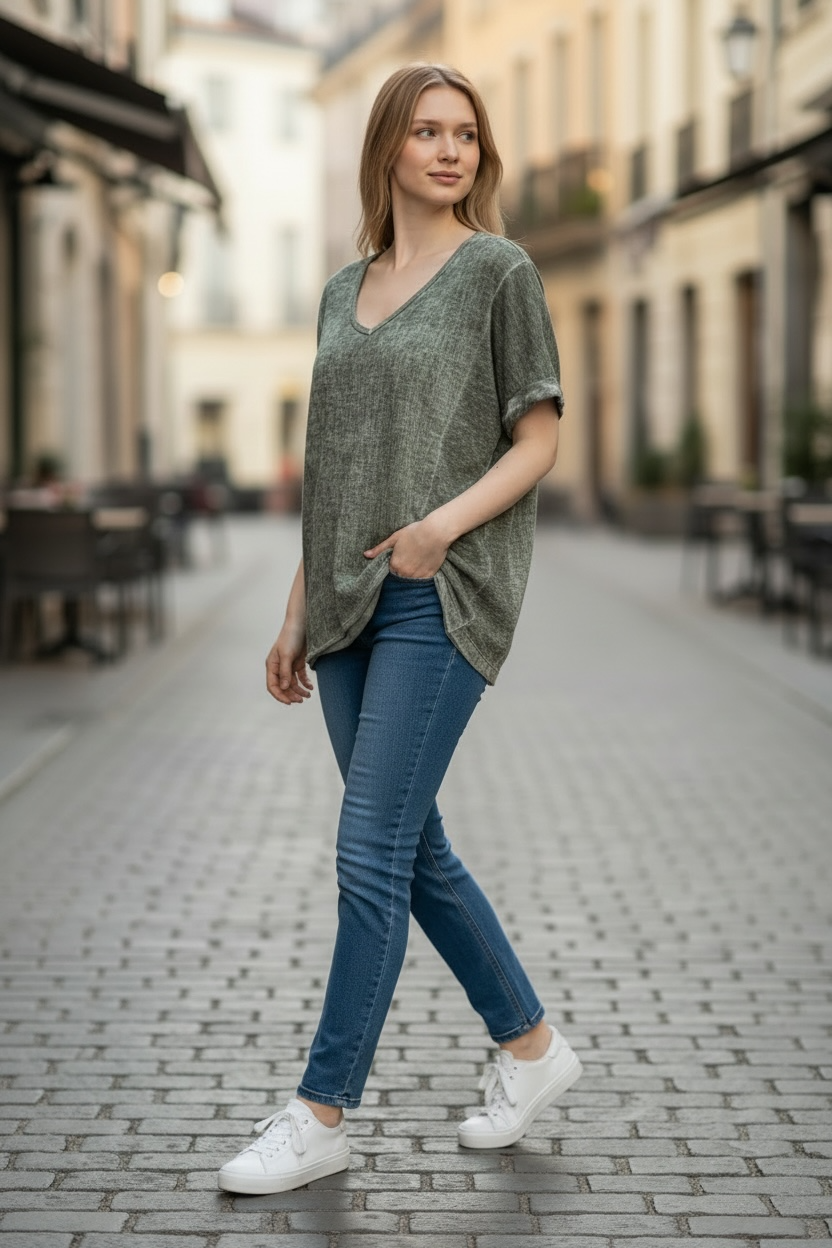 Olive Green Linen T-Shirt - by Elissia