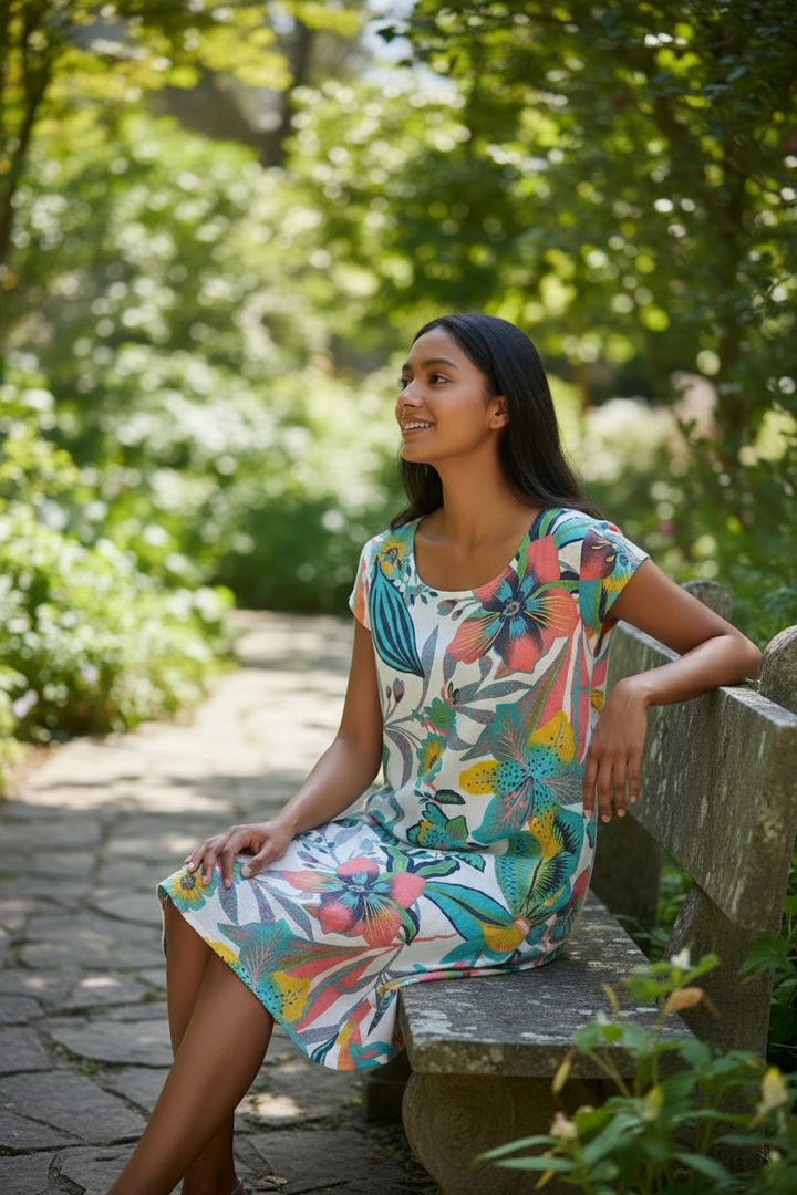 Turquoise Floral Linen Dress - by Eternelle