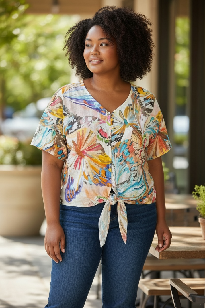 Blusa de lino con mariposas abstractas - de Linen Luv