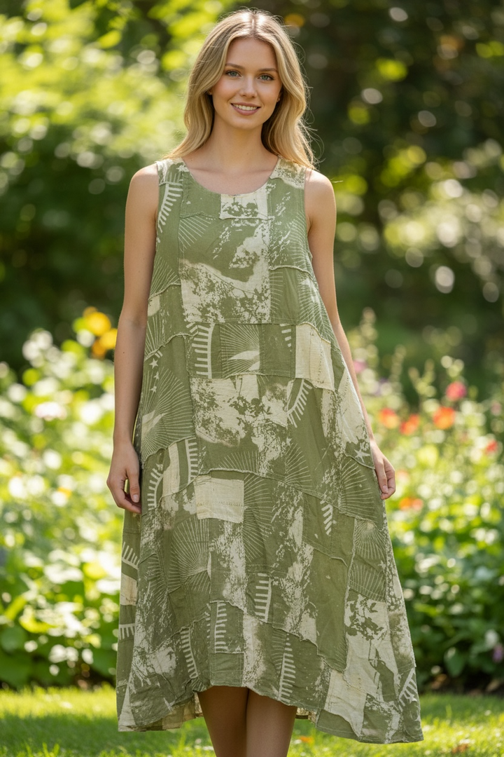 Green/Cream Cotton Patchwork Maxi Dress - by Paper Lace