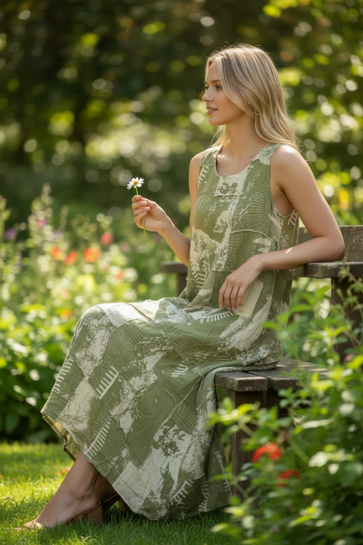 Green/Cream Cotton Patchwork Maxi Dress - by Paper Lace