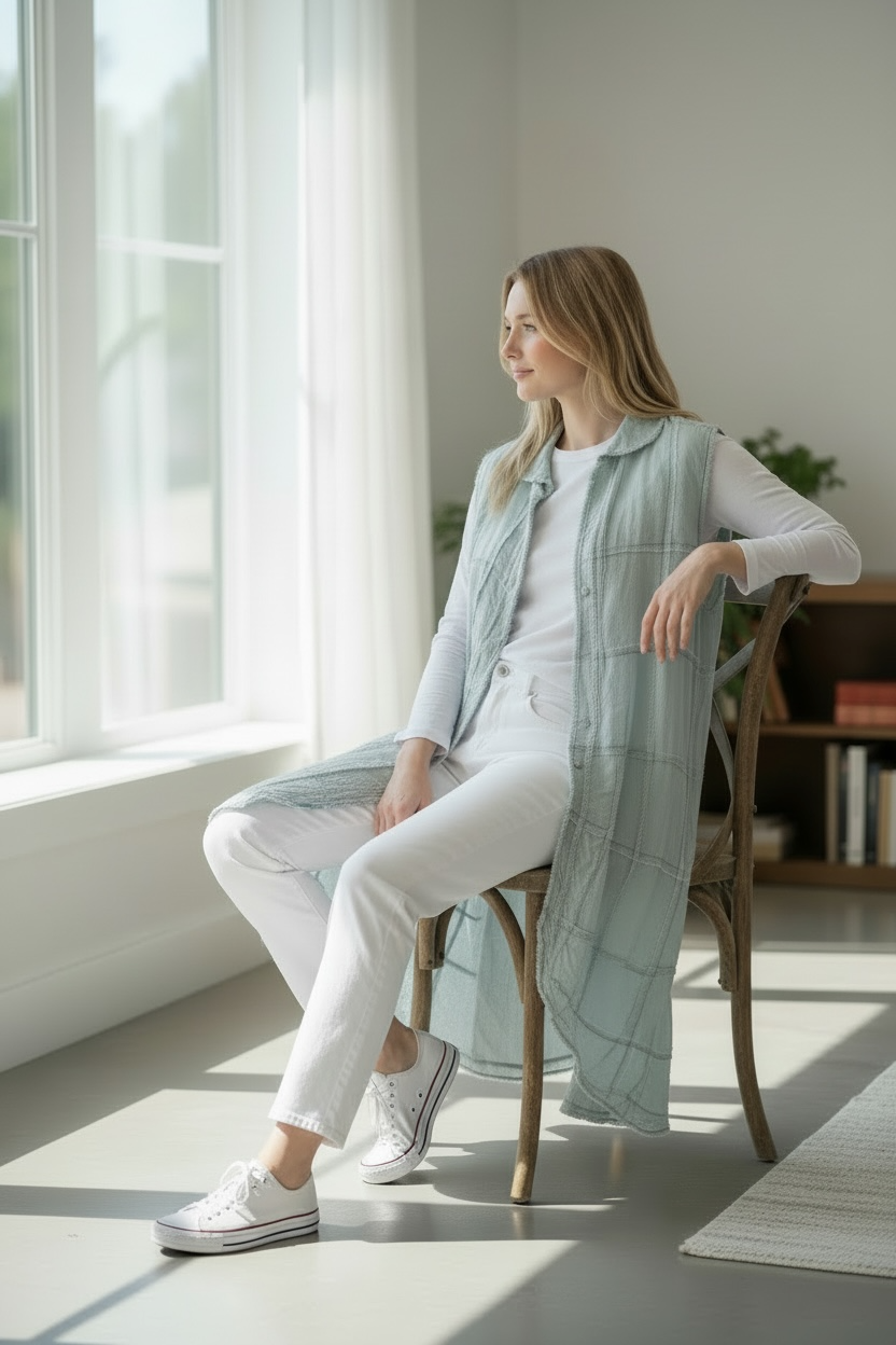 Manteau long en patchwork de denim clair - par Paper Lace