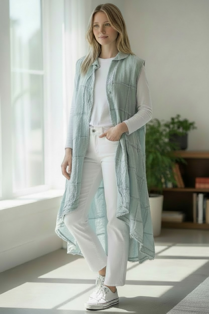 Manteau long en patchwork de denim clair - par Paper Lace