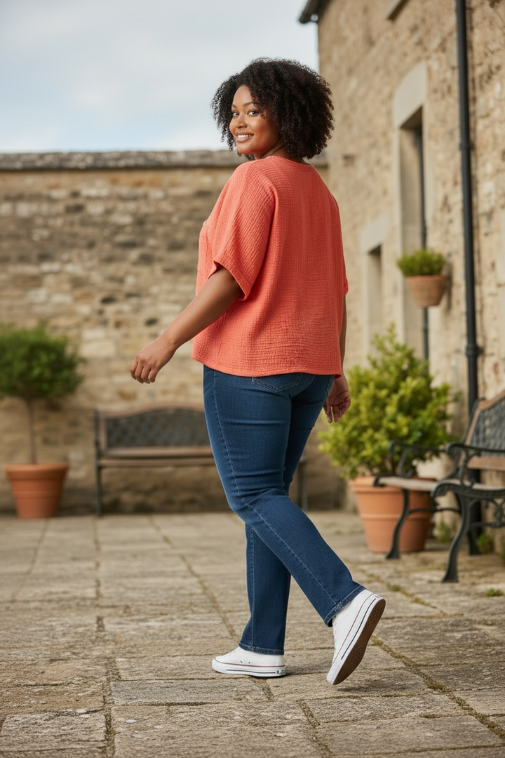 Coral Pink Waffle Cotton T-Shirt - by Kozan