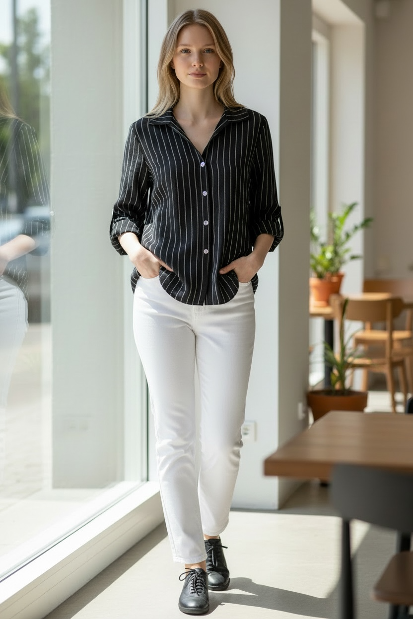 Black Striped Linen Blouse - by Amorosa