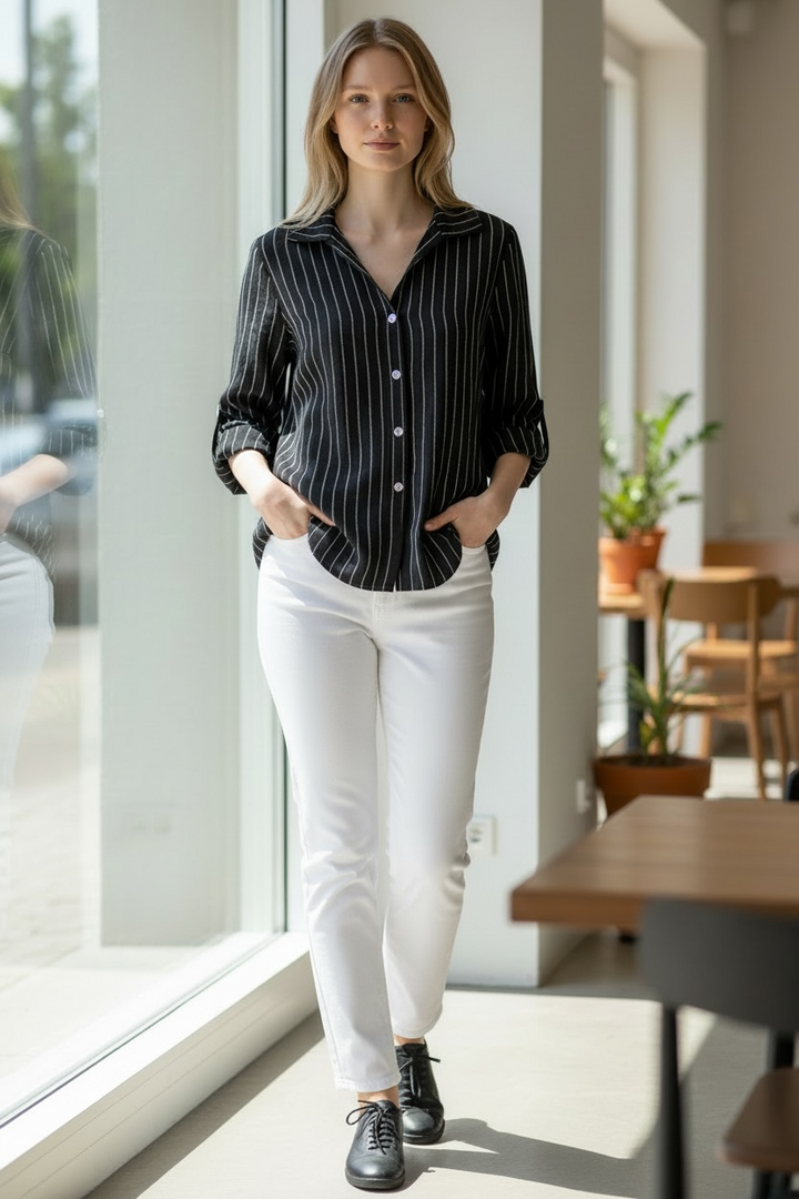 Black Striped Linen Blouse - by Amorosa