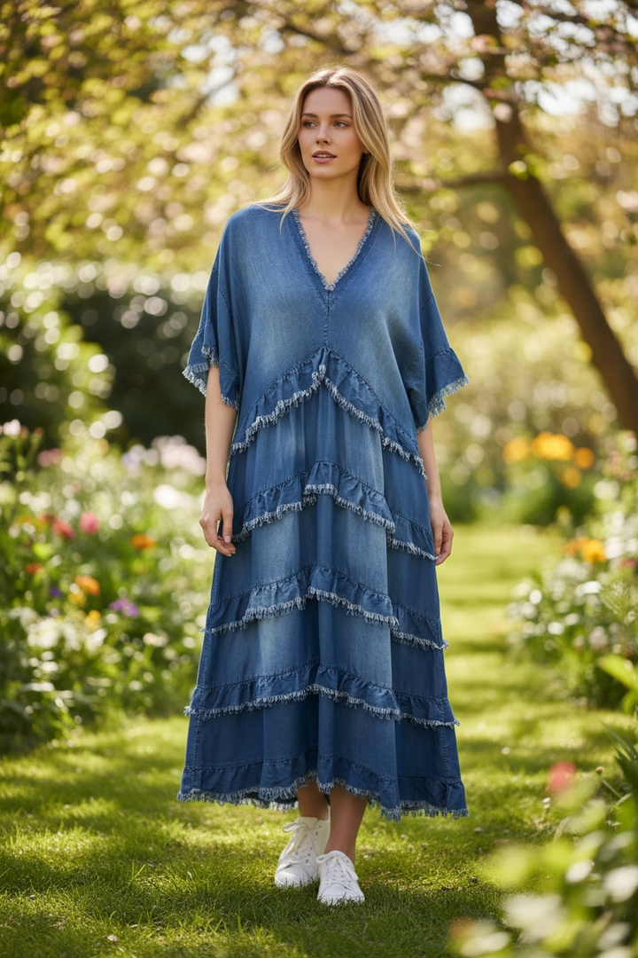 Vestido largo de mezclilla con volantes - de Amorosa