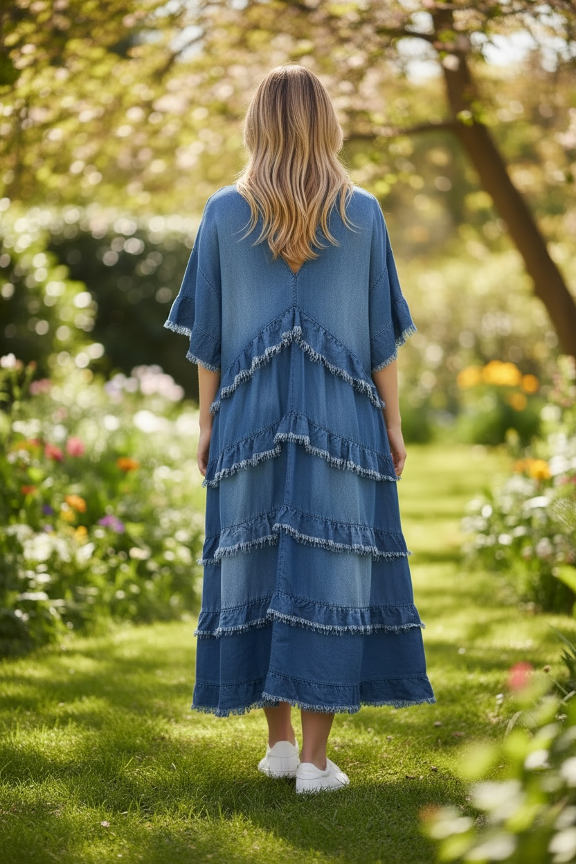 Vestido largo de mezclilla con volantes - de Amorosa