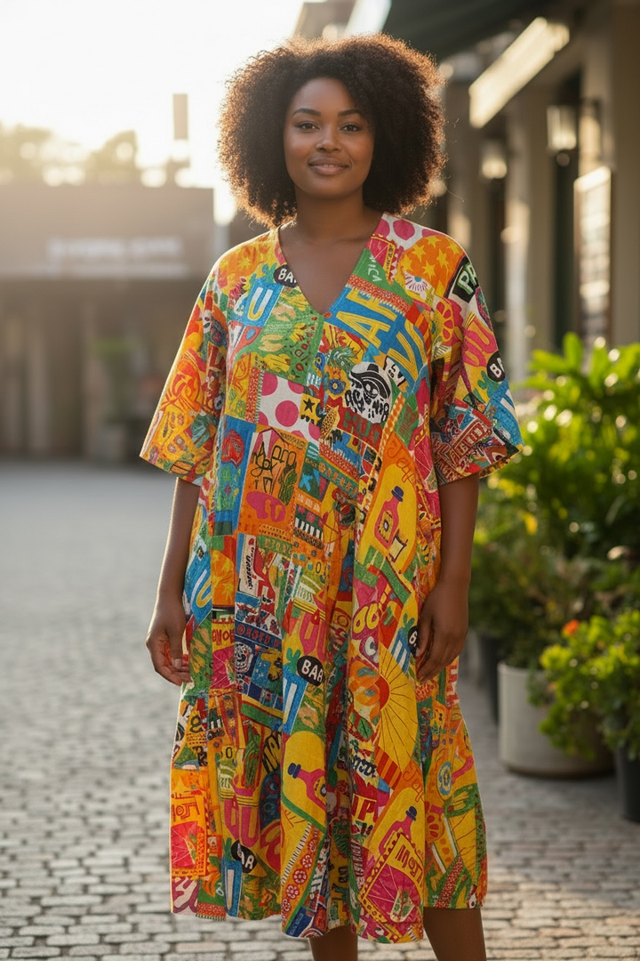 Robe midi évasée imprimée orange - par Orientique