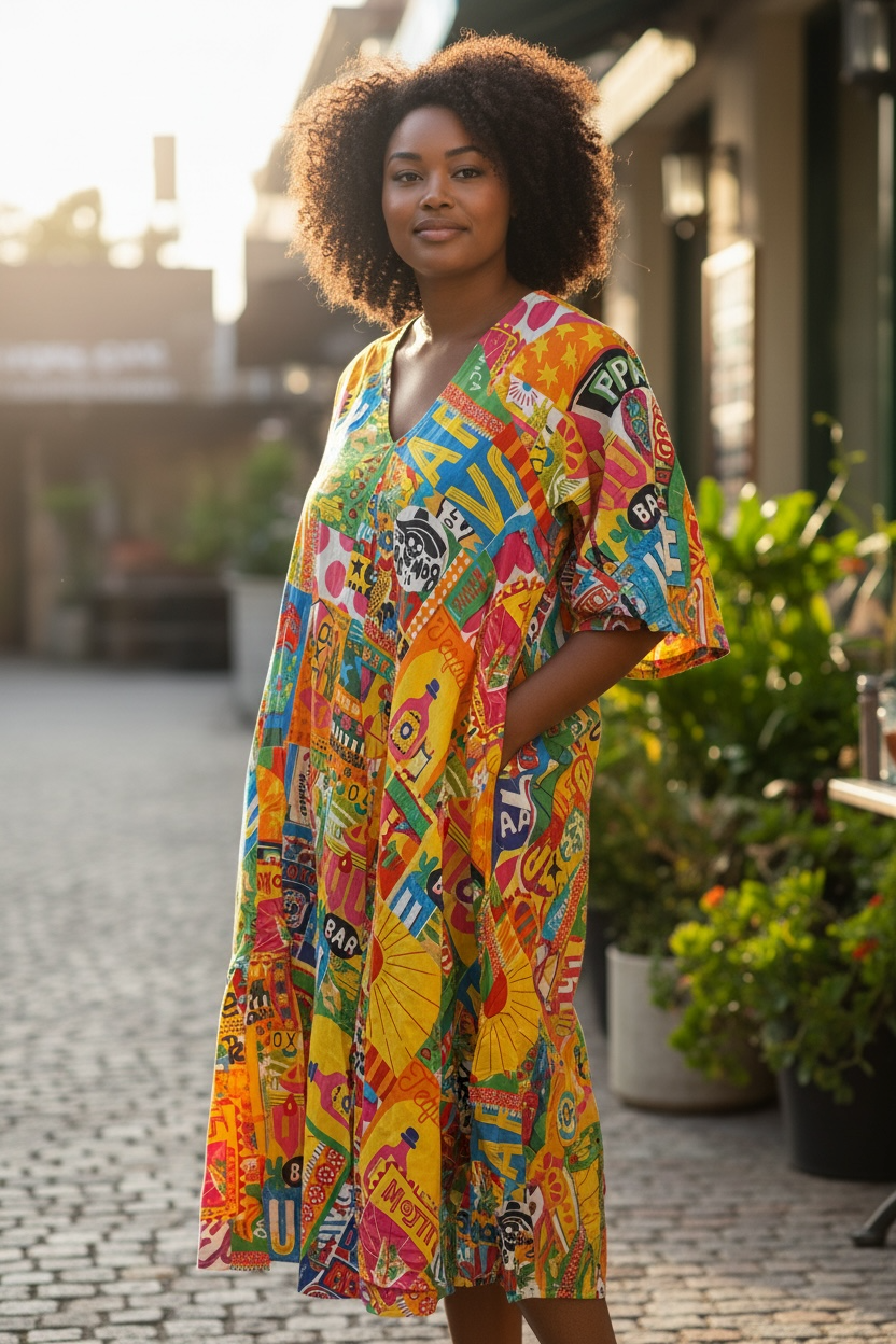 Robe midi évasée imprimée orange - par Orientique