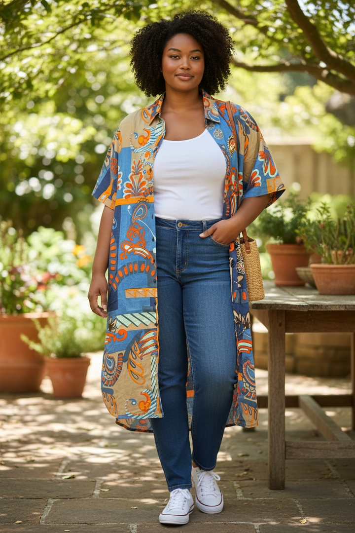 Vestido camisero con estampado azul de Orientique