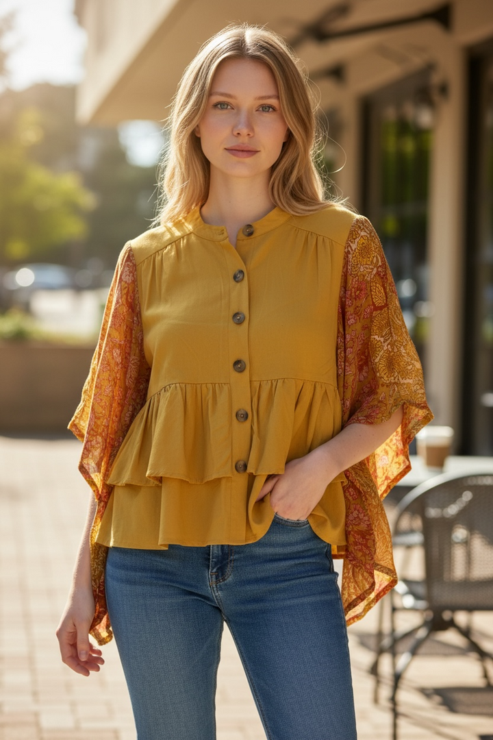 Veste en coton jaune à volants style bohème - par Avani del Amour