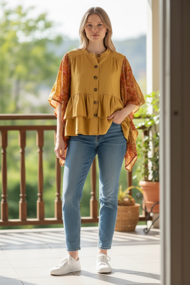 Veste en coton jaune à volants style bohème - par Avani del Amour