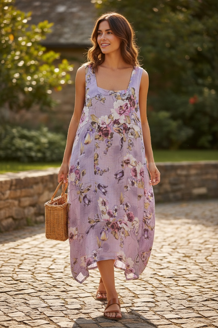 Vestido de lino con estampado floral lila y burbujas - de Linen Luv
