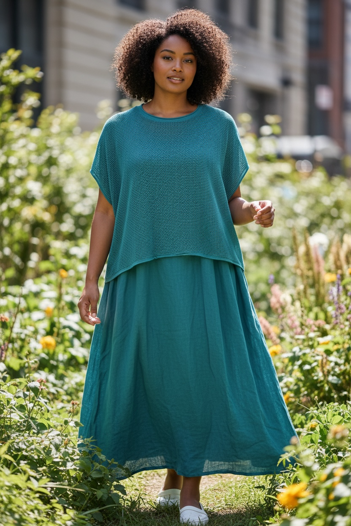 Turquoise Linen Dress & Mesh Overlay Set - by Linen Luv