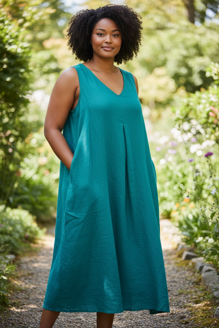 Turquoise Linen Dress & Mesh Overlay Set - by Linen Luv
