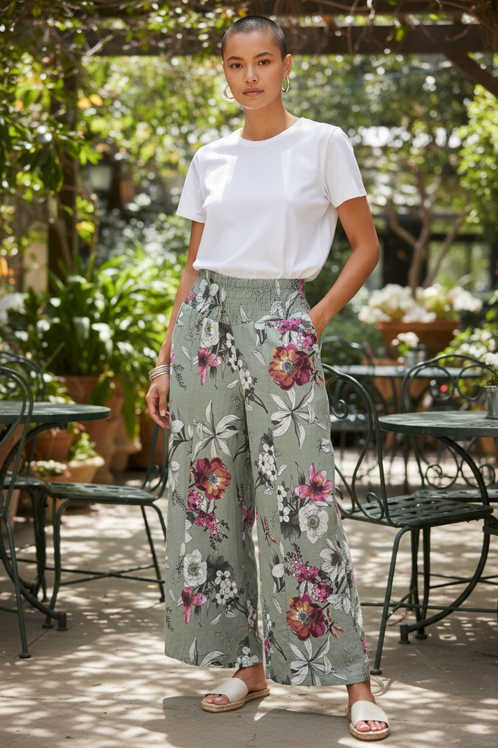 Green Floral Linen Wide Leg Pant - by Linen Luv