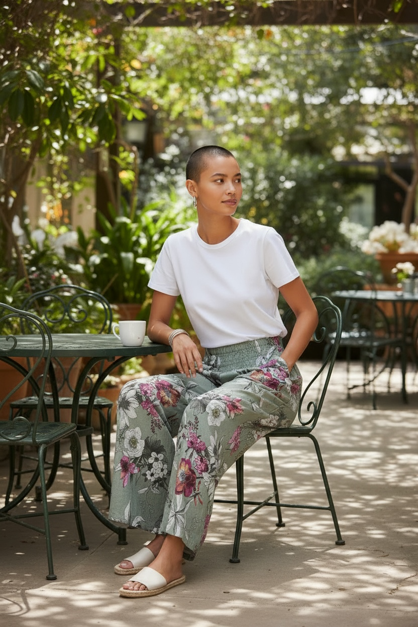 Green Floral Linen Wide Leg Pant - by Linen Luv