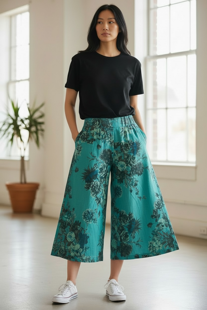 Turquoise Linen Palazzo Capri Pants - by M Italy