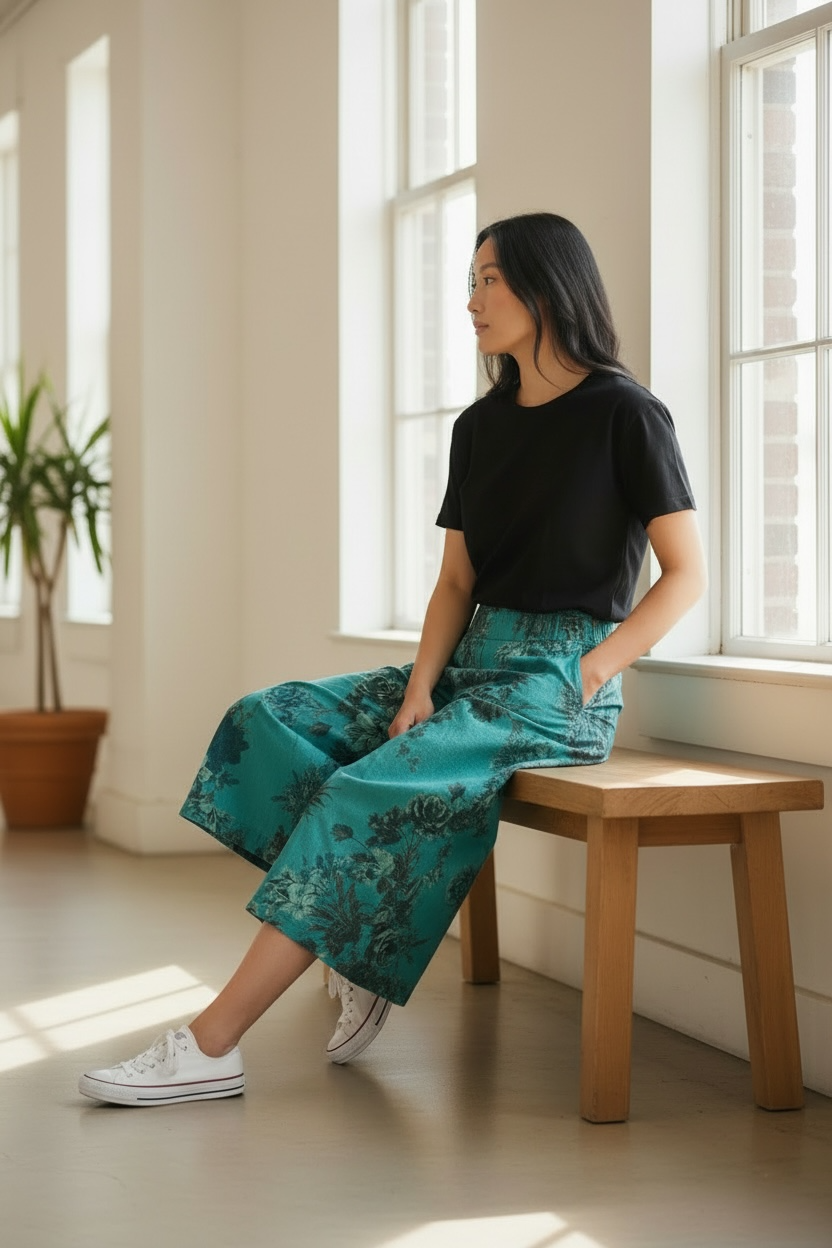 Turquoise Linen Palazzo Capri Pants - by M Italy