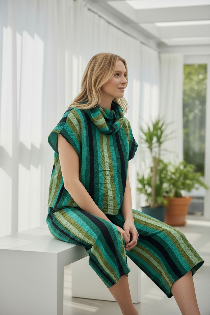 Green Striped Wide Leg Crinkle Pants - by Kozan