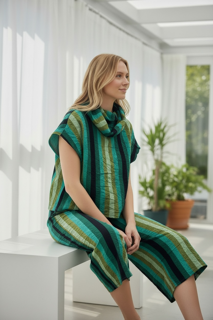 Green Striped Wide Leg Crinkle Pants - by Kozan