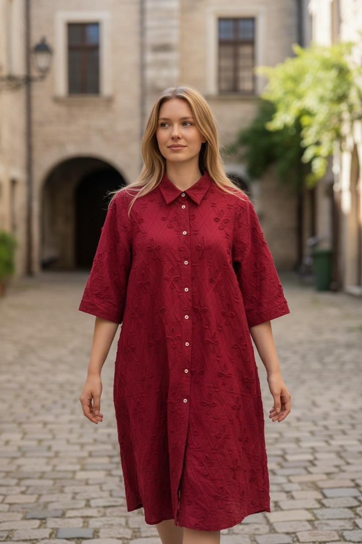 Red Cotton Flower Shirt Dress - by Valentina’s