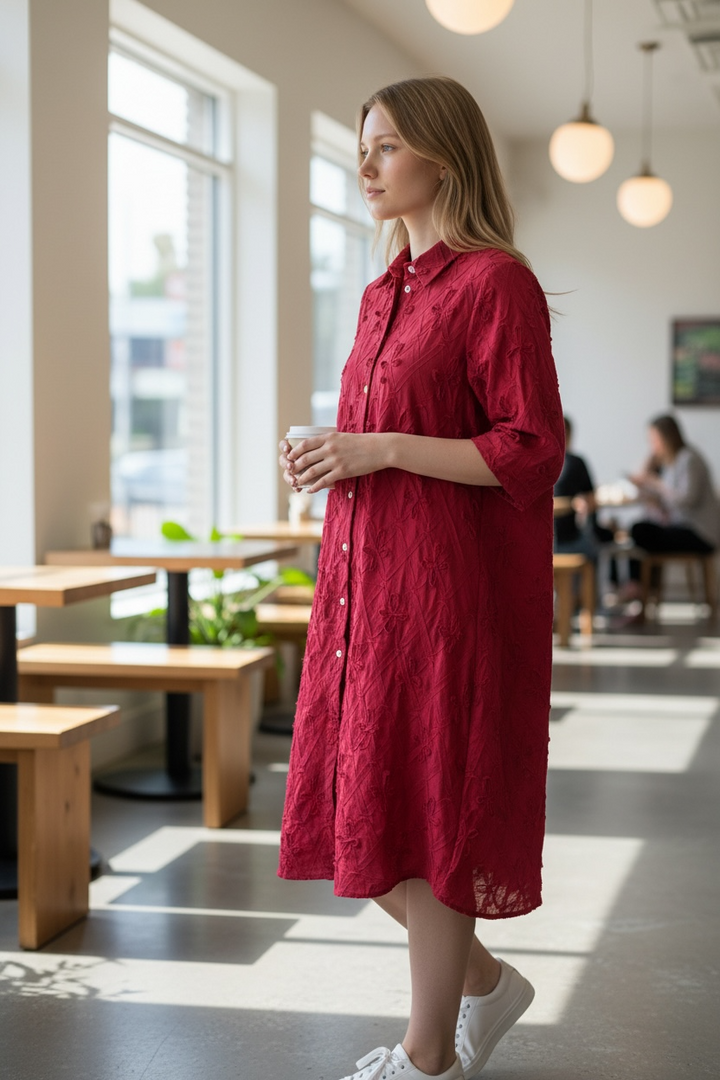 Red Cotton Flower Shirt Dress - by Valentina’s