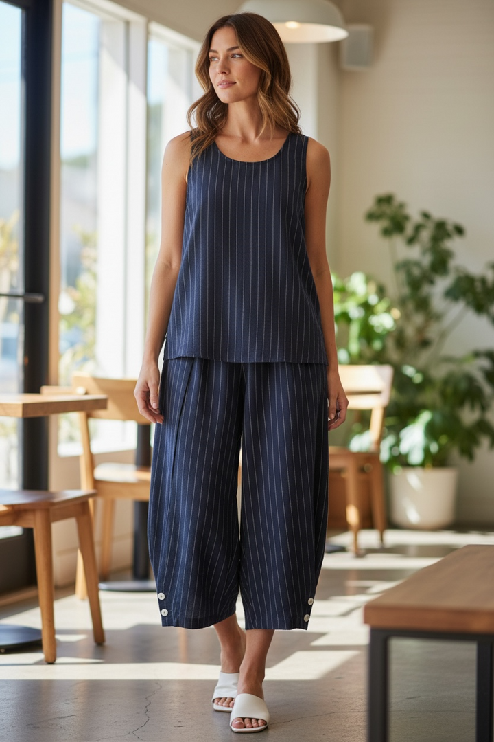 Navy Striped Barrel Leg Capri Pants - by PURE