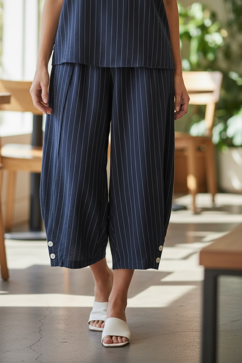 Navy Striped Barrel Leg Capri Pants - by PURE