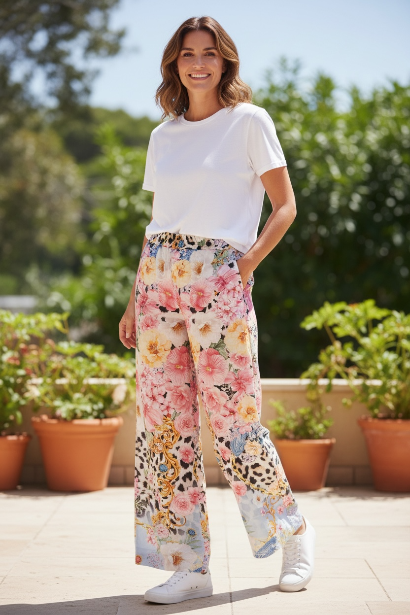 Leopard Floral Wide Leg Linen Pants - by Angela Mara