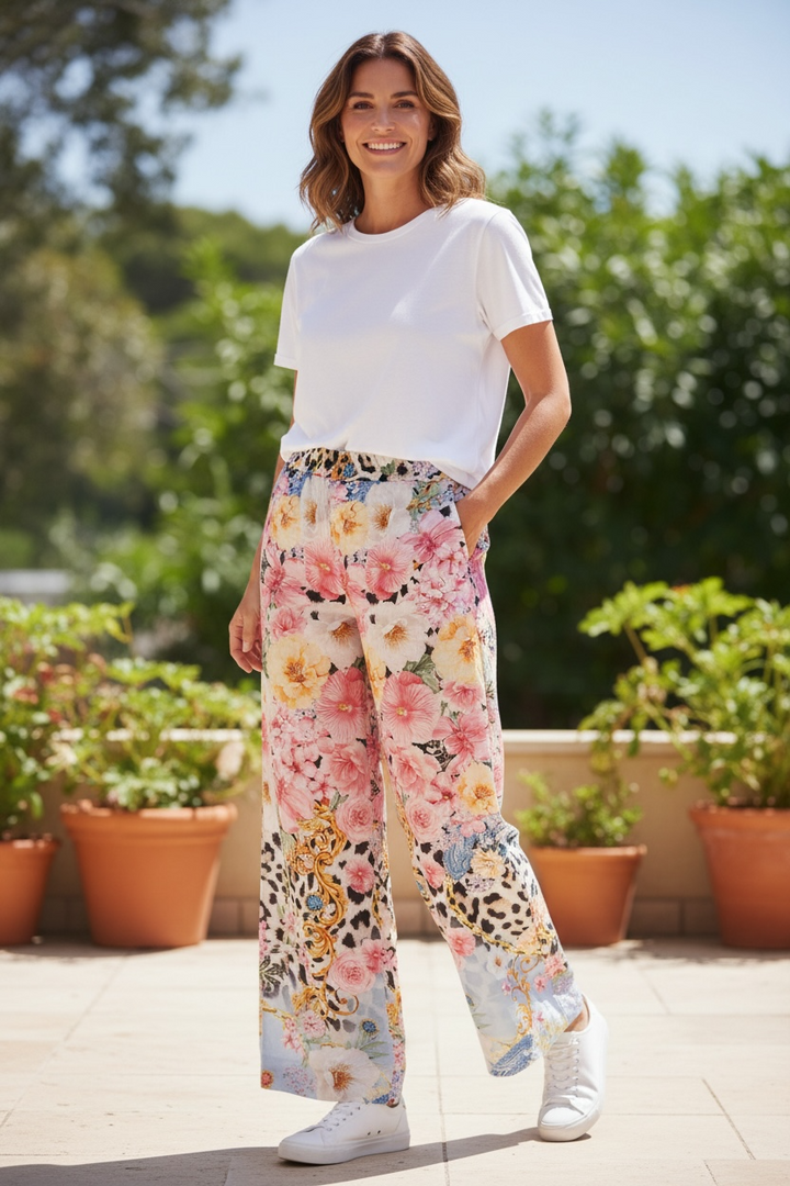 Leopard Floral Wide Leg Linen Pants - by Angela Mara